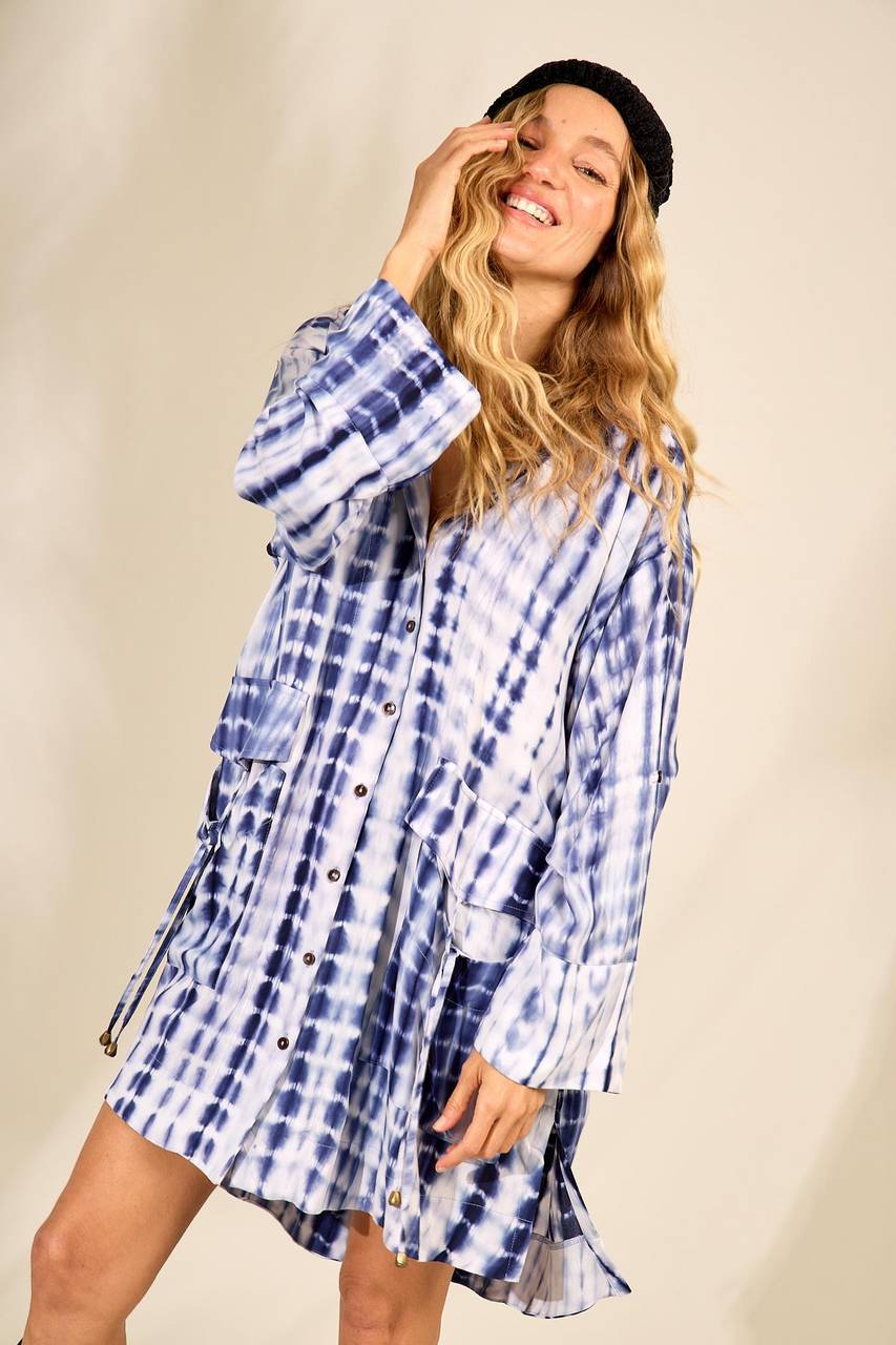 Yacamim Blue Tie-Dye Digital Print Oversized Hoodie Shirt