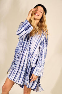 Yacamim Blue Tie-Dye Digital Print Oversized Hoodie Shirt