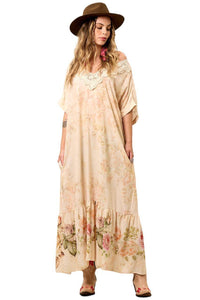 Long Printed Beige Dress with Lace Detail at the Neckline Yacamim