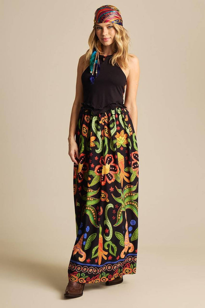 Long Skirt with Elastic Waist Black Printed Yacamim A25