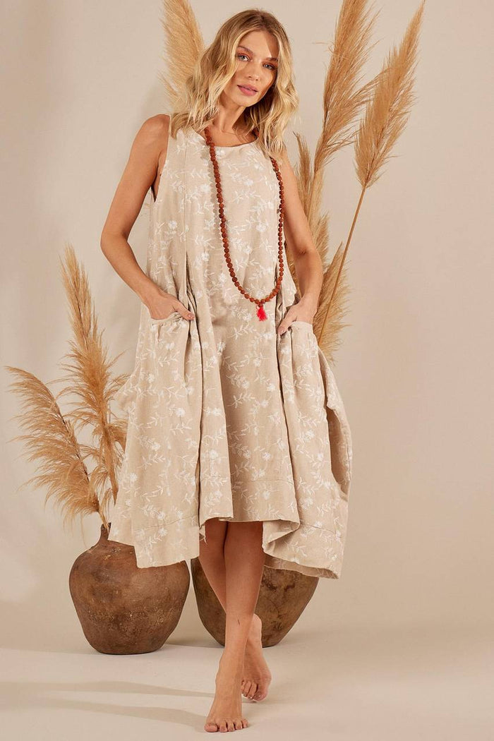 Yacamim Beige Linen Short Tank Dress with Embroidery