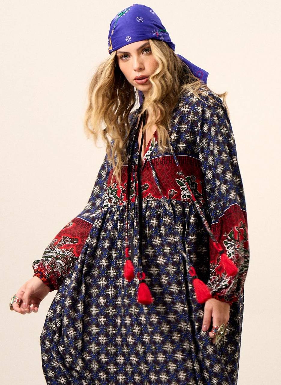 Long Blue and Red Printed Yacamim Dress with Puff Long Sleeves