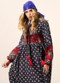 Long Blue and Red Printed Yacamim Dress with Puff Long Sleeves