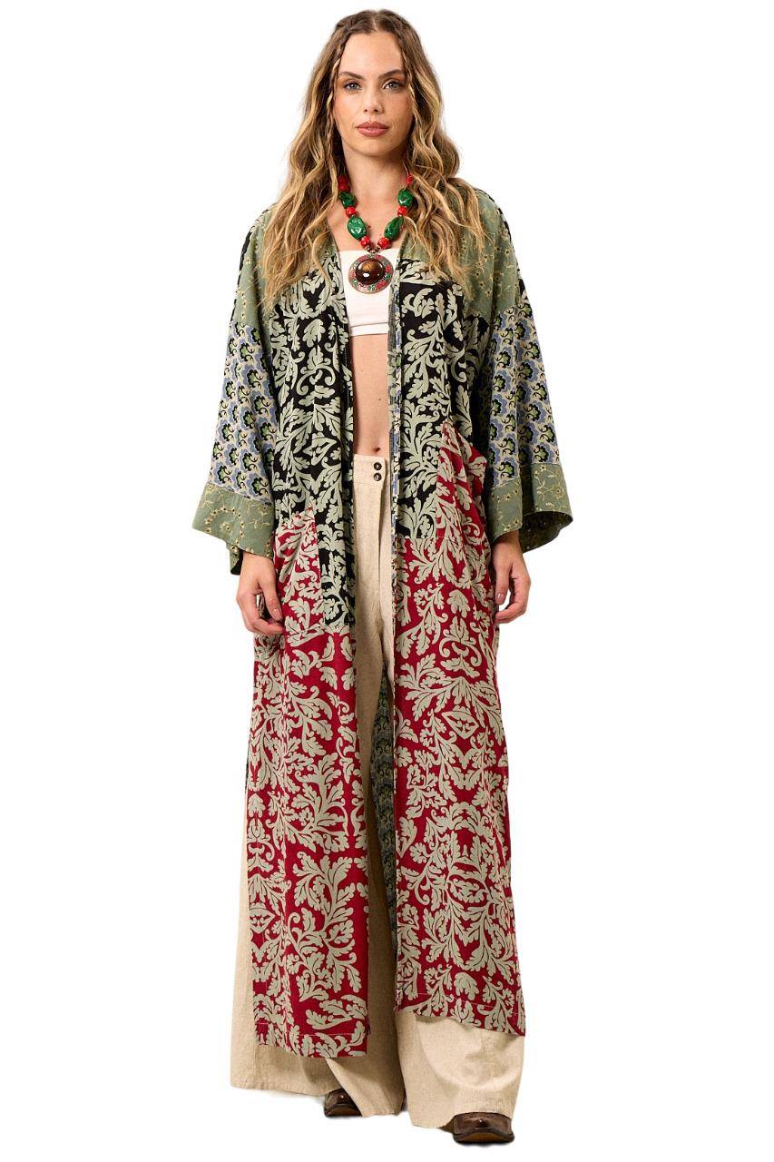 Yacamim Patchwork Green Long Kimono with Wide Long Sleeves