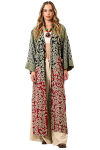 Yacamim Patchwork Green Long Kimono with Wide Long Sleeves