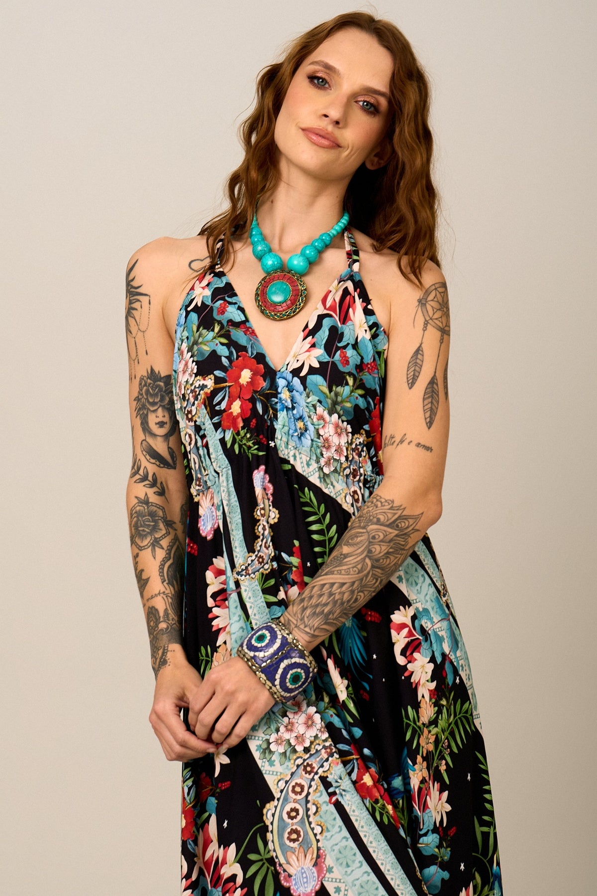 Yacamim D27 Black Paisley Print Halterneck Maxi Dress