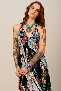 Yacamim D27 Black Paisley Print Halterneck Maxi Dress