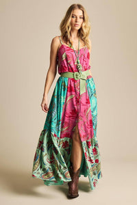 Yacamim D20 Pink and Green Patchwork Long Dress with Adjustable Straps