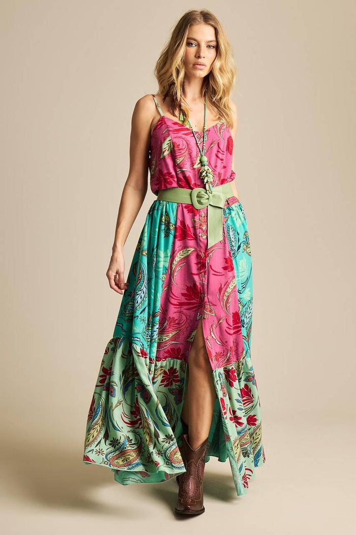Yacamim D20 Pink and Green Patchwork Long Dress with Adjustable Straps