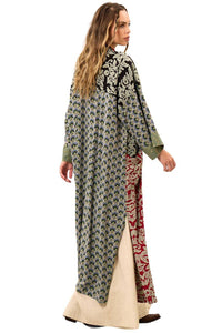 Yacamim Patchwork Green Long Kimono with Wide Long Sleeves