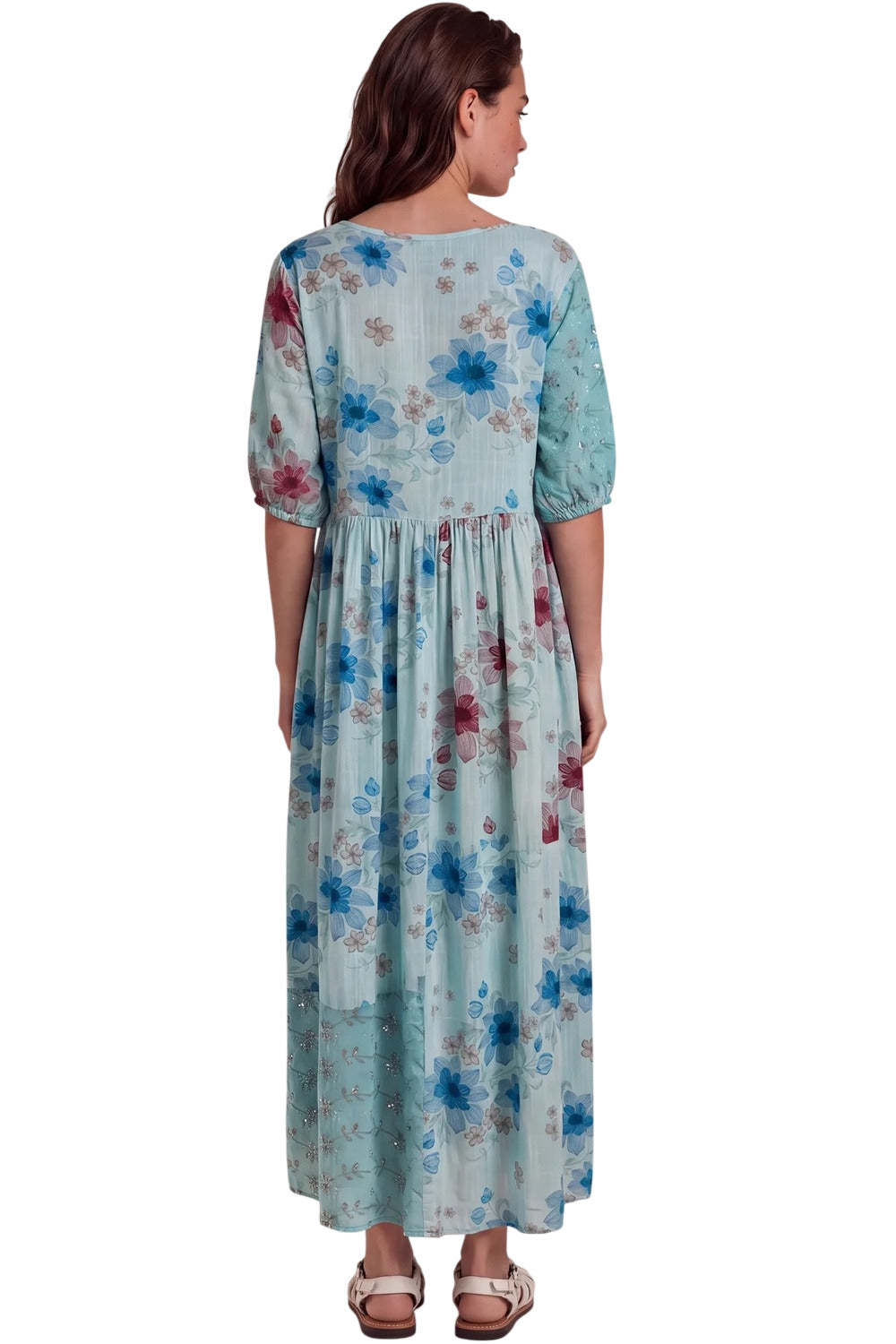 Vestido Midi Com Broderie Verde Claro Patchwork Yacamim C3