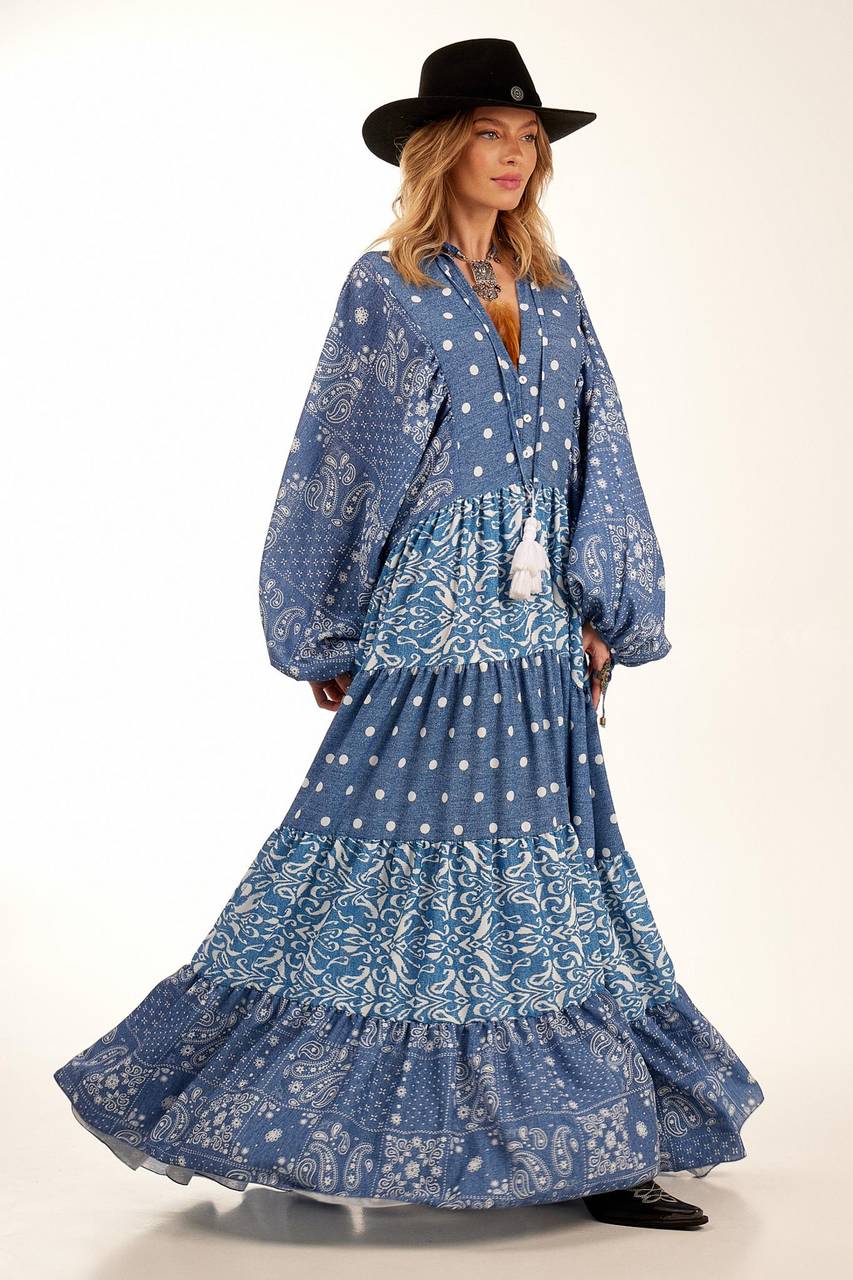 Yacamim Women's Long Wide Polyester Blue Printed Patchwork Dress