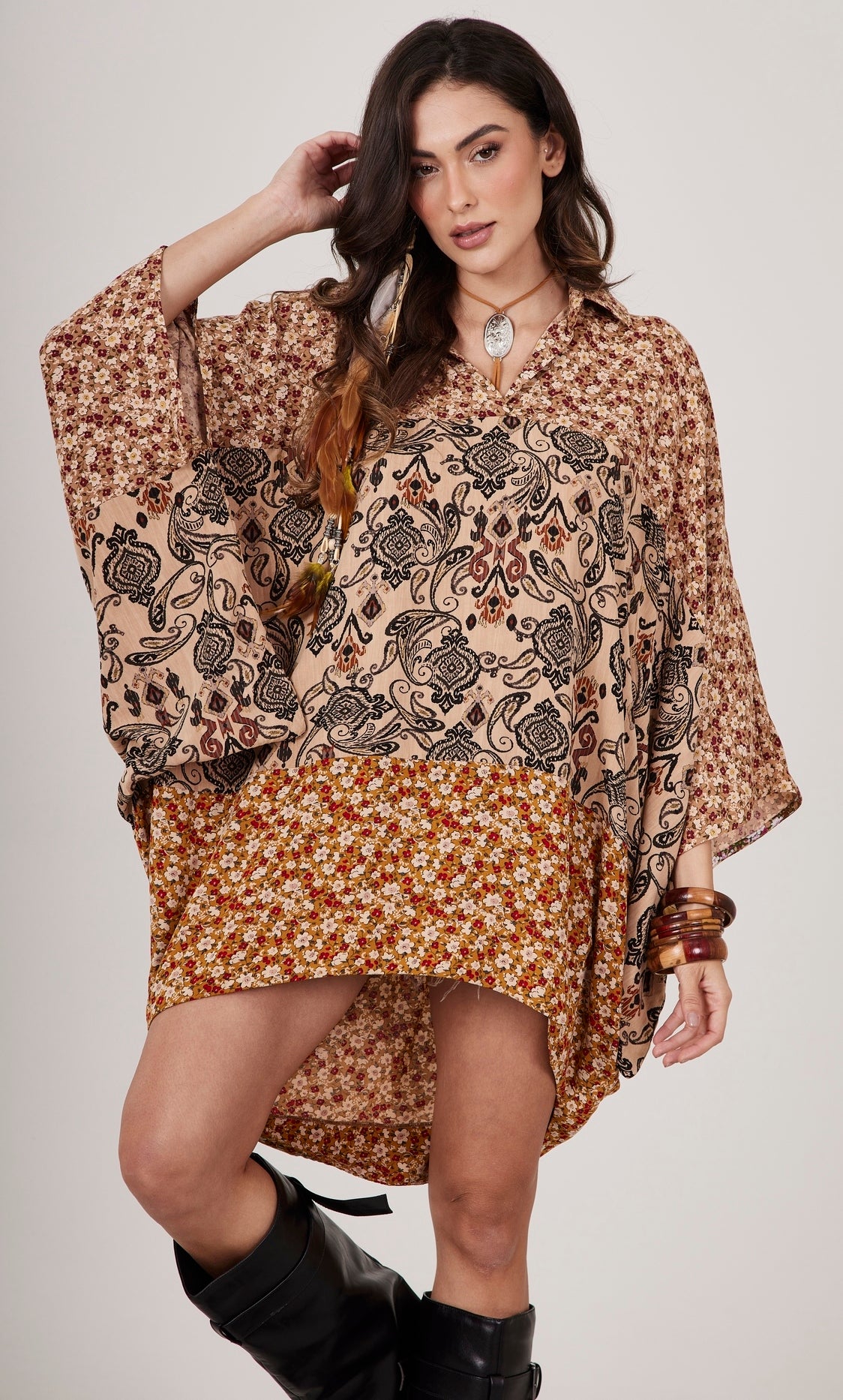 Yacamim B3 Light Brown Patchwork Quilted Gown