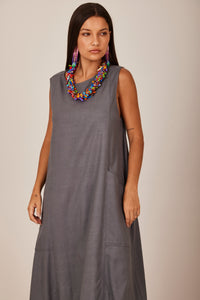 Yacamim E8 Dark Gray Plain Linen Sleeveless Short Dress