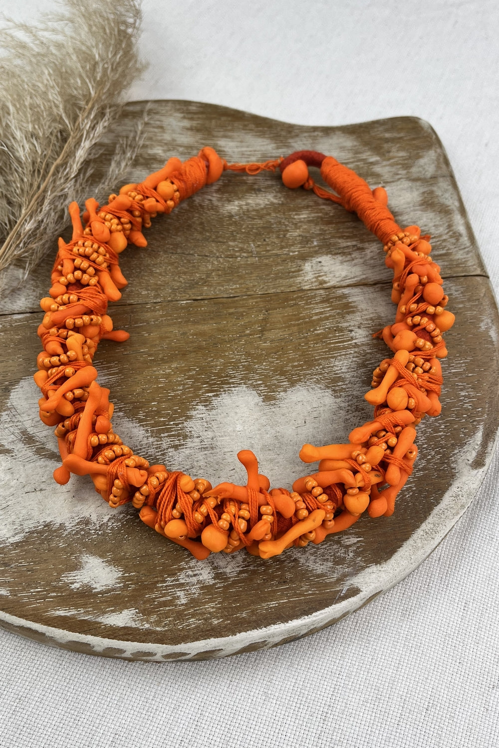 Handmade Rope Necklace with Orange Polymer Clay Yacamim #86