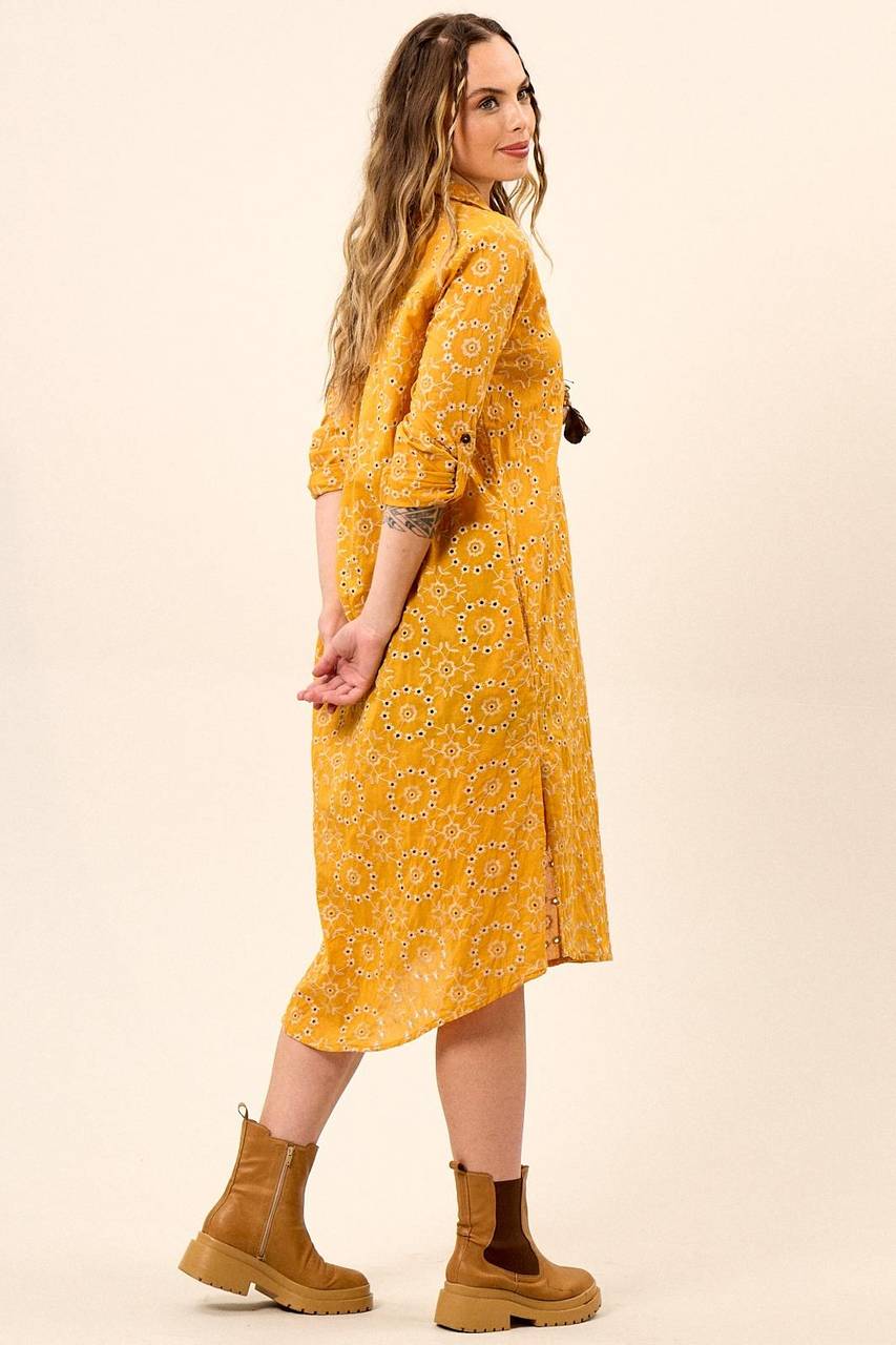 Yacamim N9 Yellow 3/8 Sleeve Midi Embroidered Shirt with Side Slits