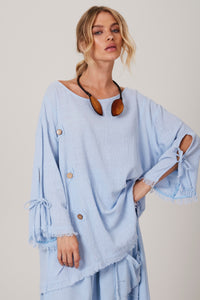 Light Blue Wide Canoe Neck Blouse Yacamim A28