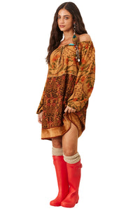 Vestido Curto Ciganinha Patchwork Marrom Claro Yacamim C11