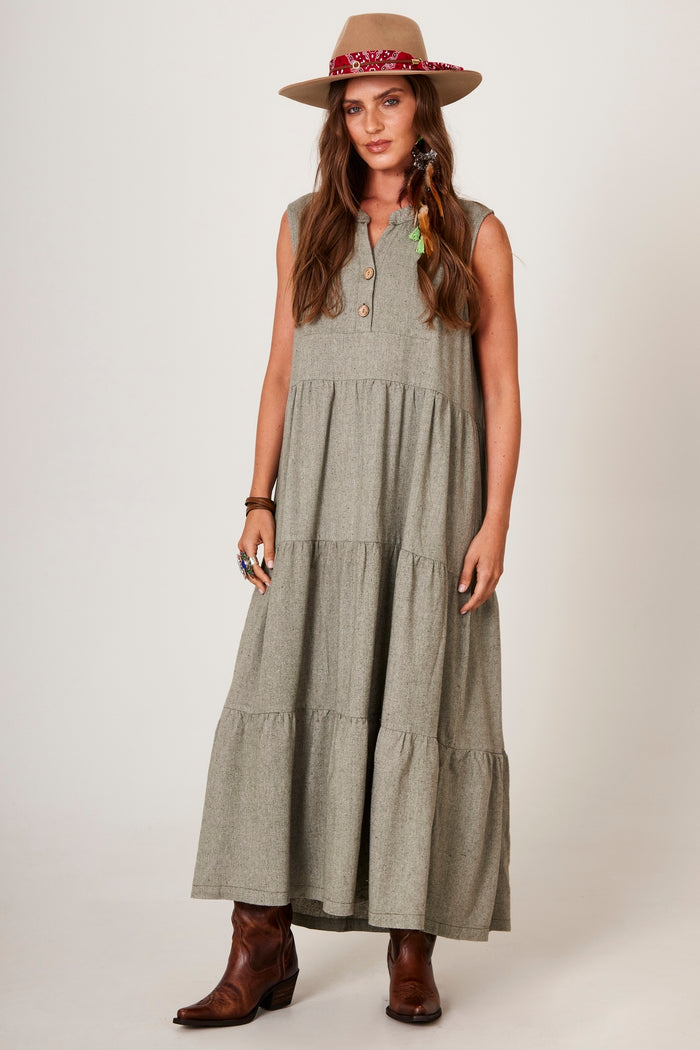 Yacamim D1 Plain Green Linen Sleeveless Long Dress with 3 Ruffles