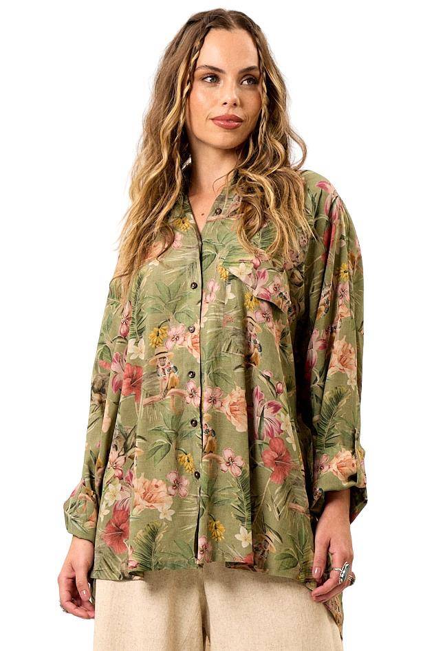 Yacamim Green Printed Loose Shirt with Long Sleeves A8