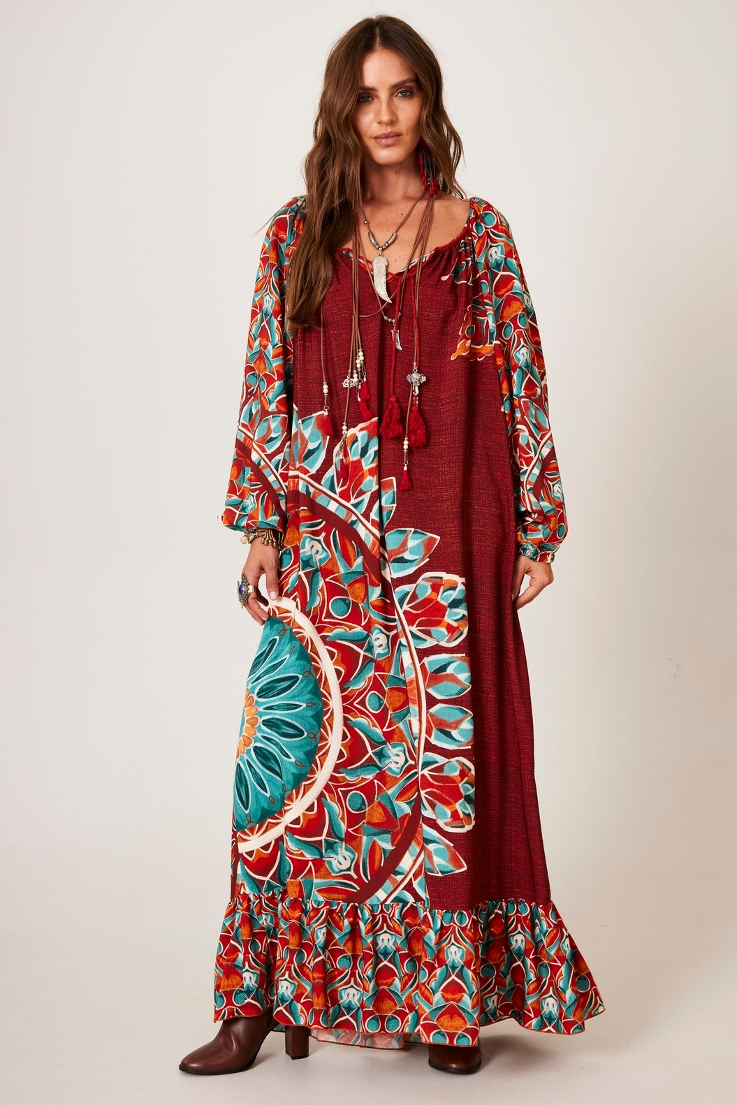 Yacamim Terracotta Long Dress with Mandala Print E2