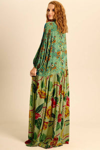 Yacamim Green Patchwork Long Chemise Dress with Asymmetrical Cutouts