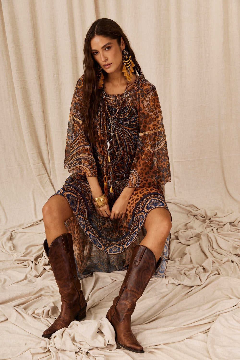 Yacamim E3 Paisley Animal Print Off-the-Shoulder Tulle Maxi Dress