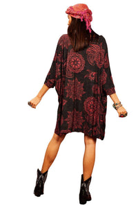 Loose Wide Tunic With 3/8 Sleeves Black Elephant Print Yacamim