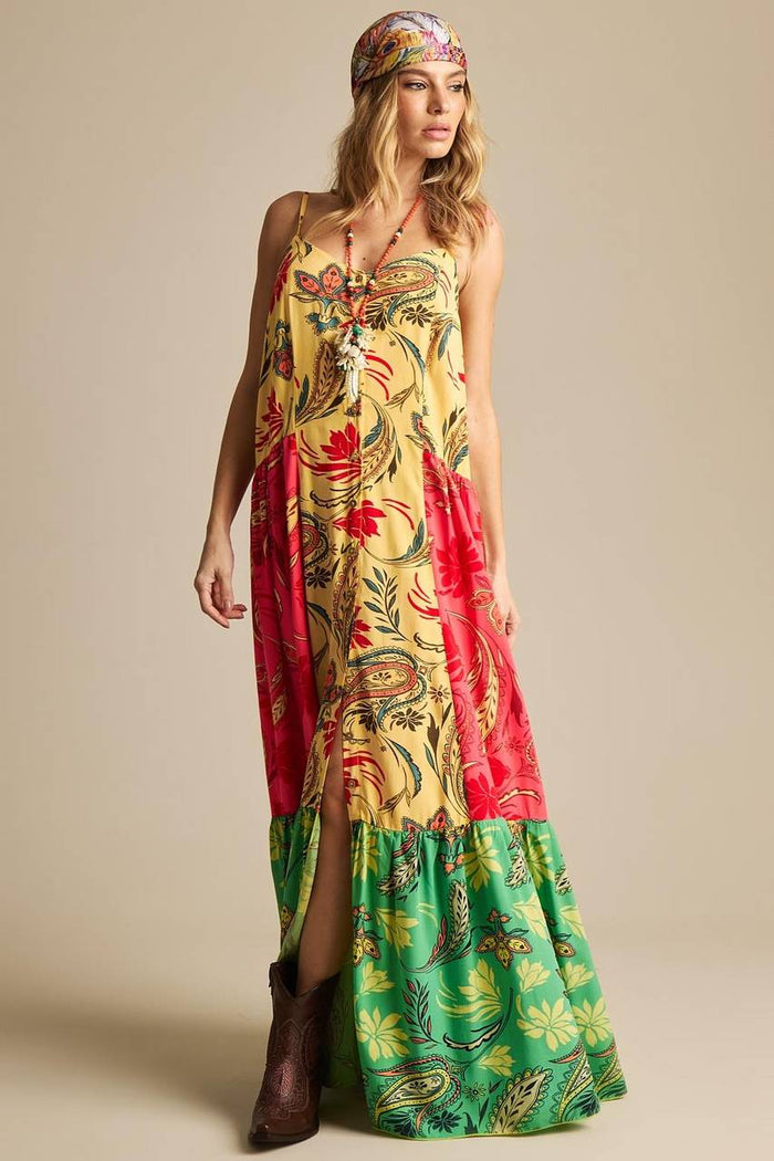 Long Dress Adjustable Straps Yellow and Pink Patchwork Yacamim C2
