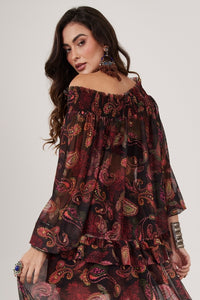 Black Gypsy Tulle Robe with Cashmere Print Yacamim A12