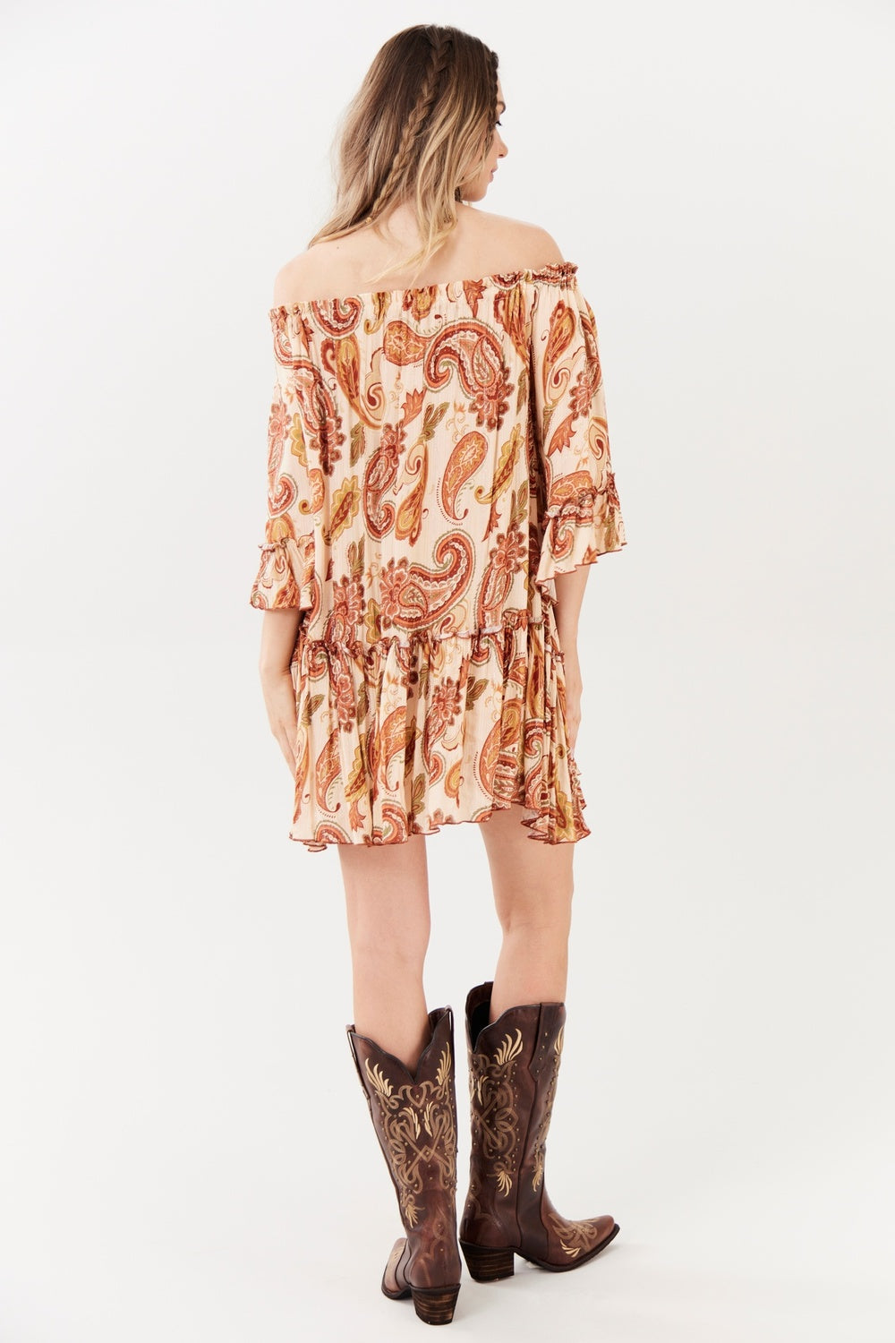 Yacamim E22 Beige Lurex Bardot Mini Dress