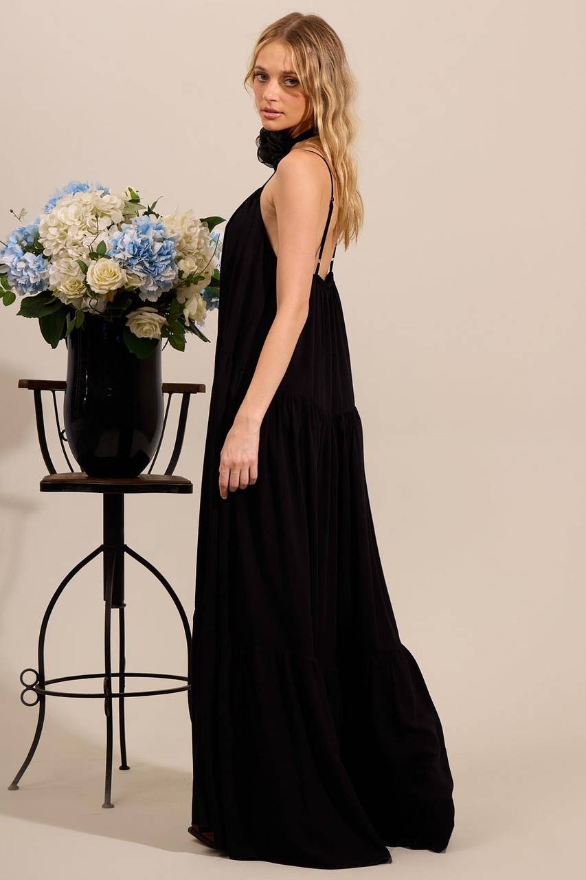 Black Yacamim Long Dress with Adjustable Straps