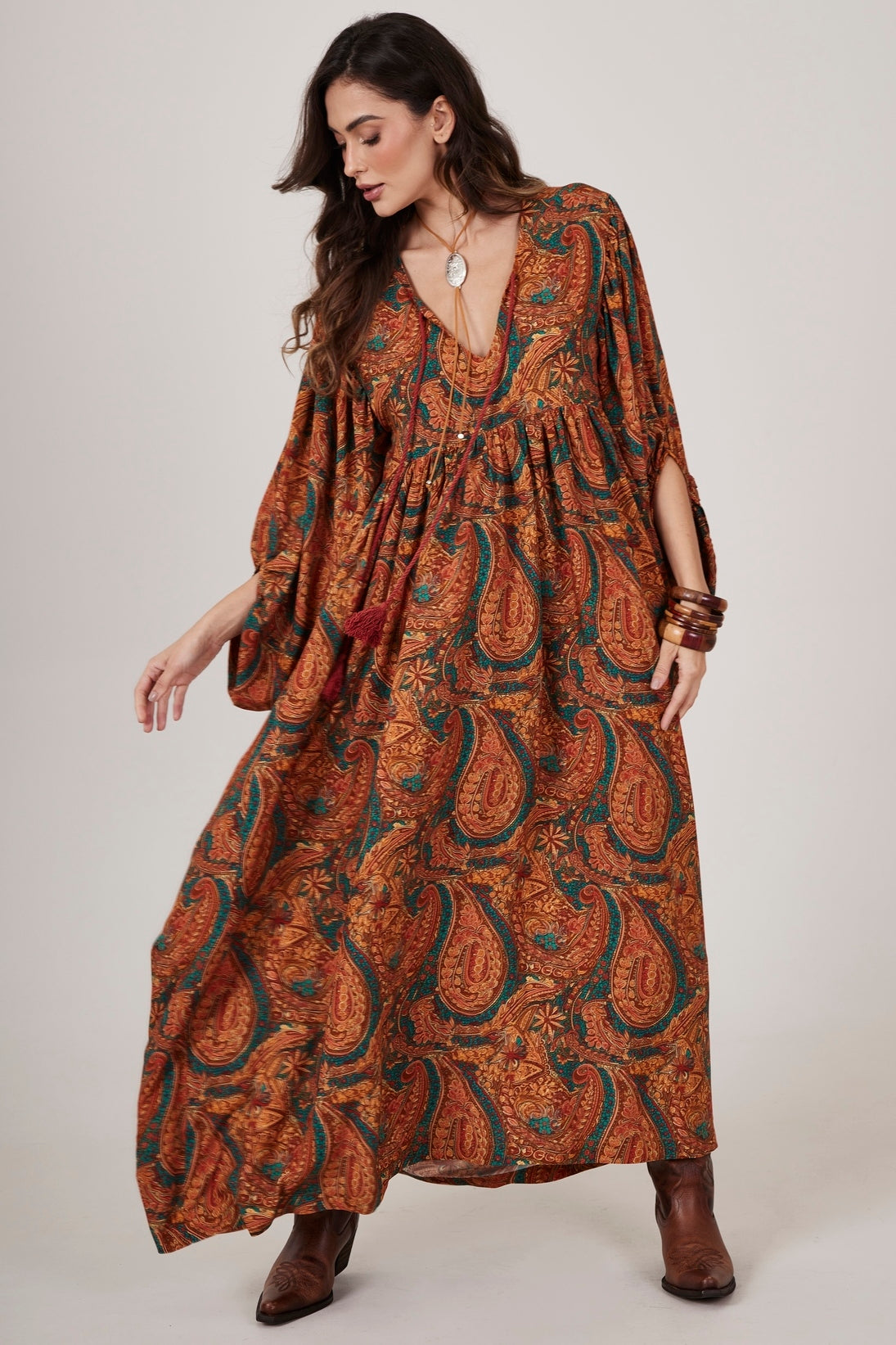 Brown Long Dress Cashmere Print Yacamim D11