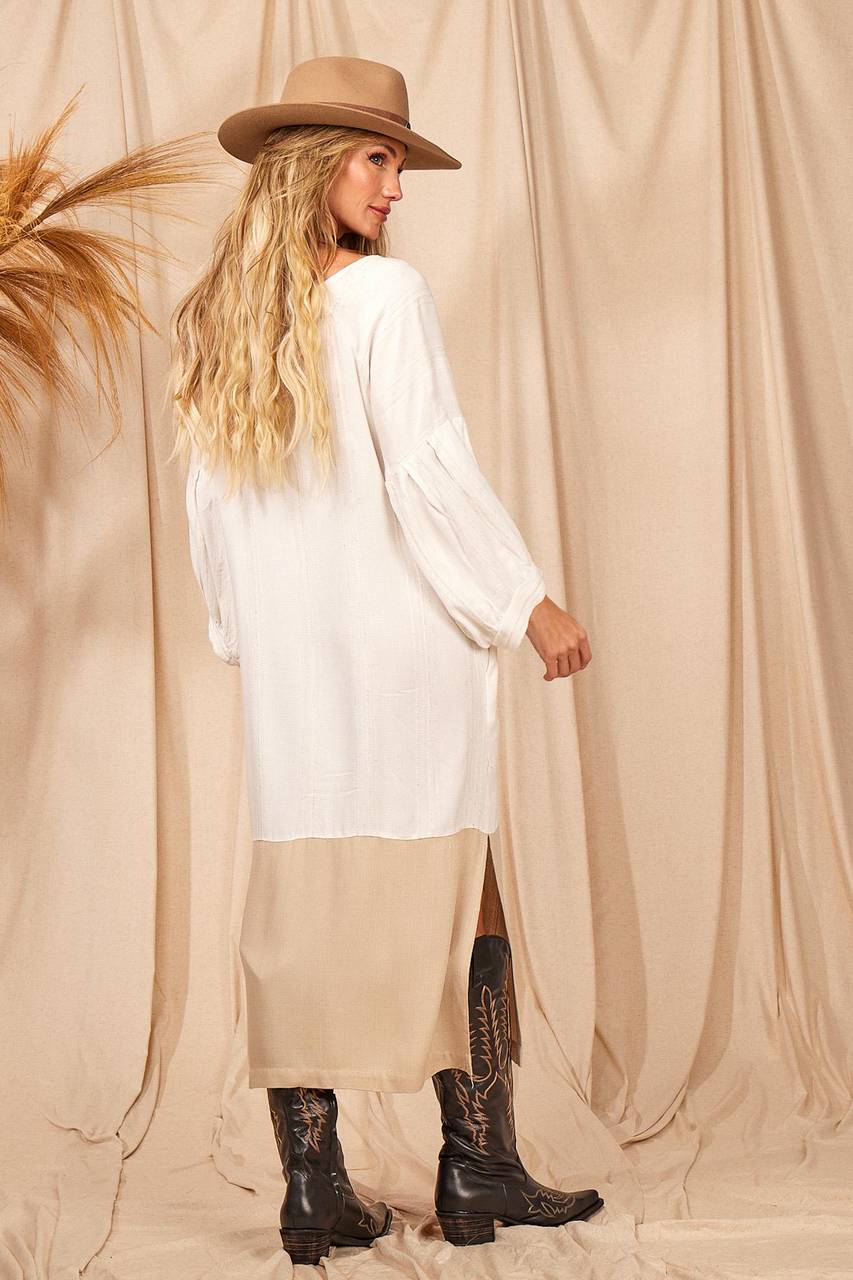 Yacamim Off-White Paneled Midi Dress with Slits