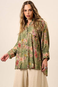 Yacamim Green Printed Loose Shirt with Long Sleeves A8