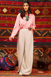 Yacamim Mélange Beige High-Waisted Palazzo Pants