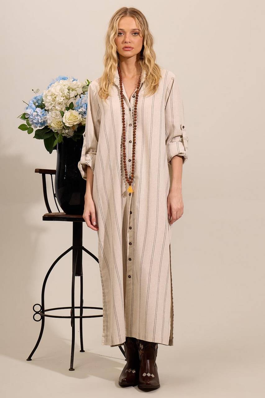 Yacamim Striped Beige Linen Long Chemise with Slits M7