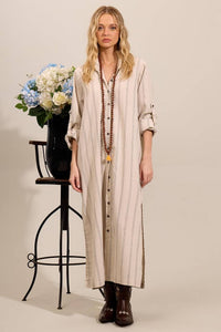 Yacamim Striped Beige Linen Long Chemise with Slits M7