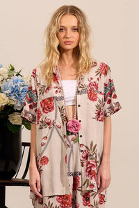 Yacamim A8 Printed Beige Short-Sleeved Loose Shirt