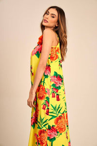 Yacamim Printed Yellow Basic Long Dress with Tie Straps