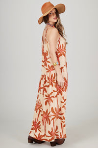 Yacamim C31 Dark Beige and Brown Palm Tree Print Midi Dress