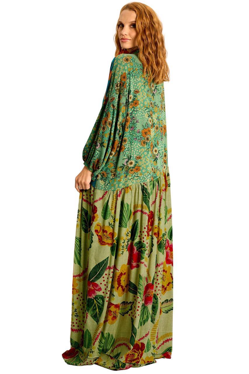 Yacamim Green Patchwork Long Chemise Dress with Asymmetrical Cutouts
