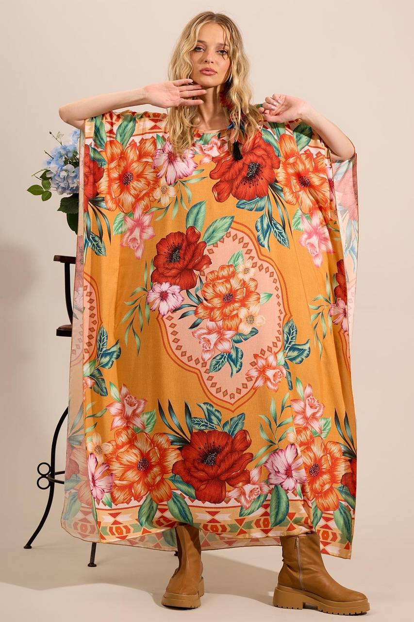 Yacamim J1 Wide Orange Printed Kaftan
