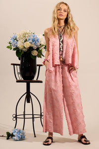 Yacamim Rosé Embroidered Floral Broderie Pantacourt Pants