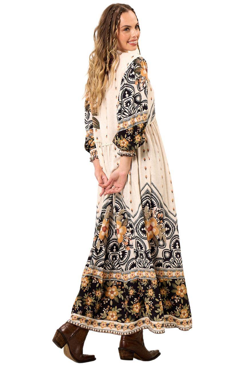Yacamim Beige Printed Long Dress with Puffy Sleeves