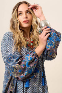 Yacamim Blue Patchwork Short Dress with Puffy Long Sleeves