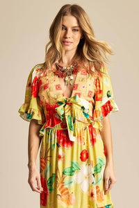 Yacamim A8 Cropped Top with Front Tie and Smocking, Yellow Print