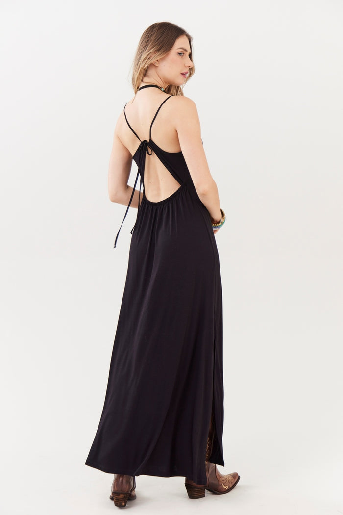 Vestido Longo Com Fendas Laterais Preto Yacamim C26
