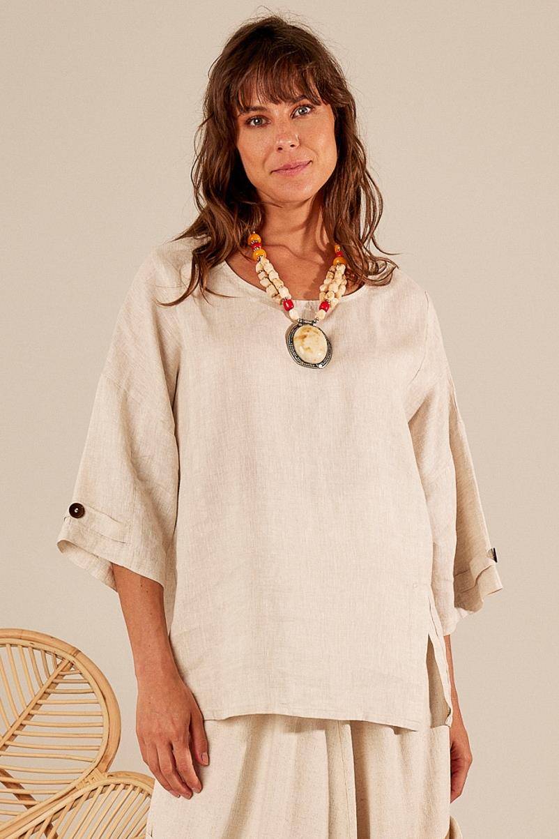 Yacamim Wide Beige 100% Linen Cambric Blouse
