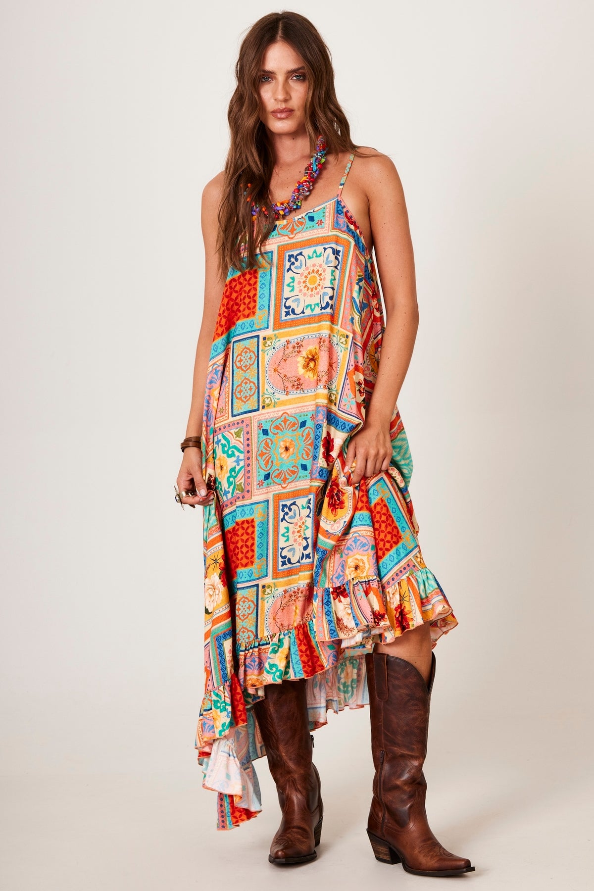 Yacamim C3 Geometric Print Gathered Midi Dress with Straps